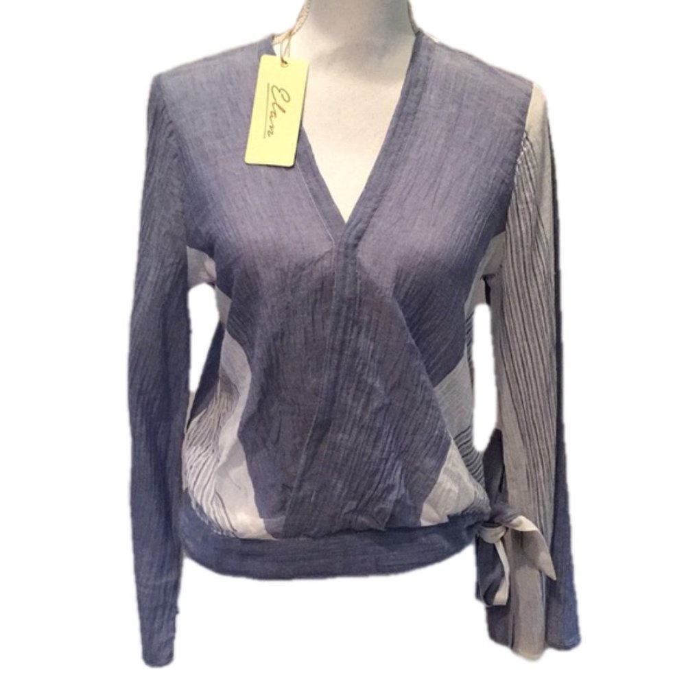 ELAN Wrap Boho Top Cotton Bell Sleeve Blue Blouse NWT